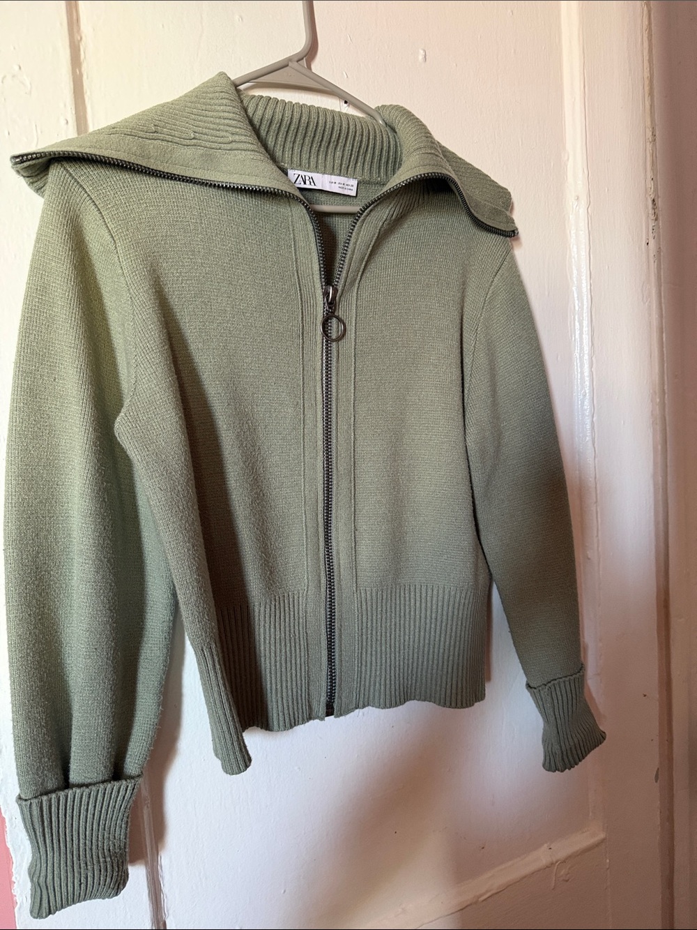 ZARA Light Olive Zip-Up Knit Jacket